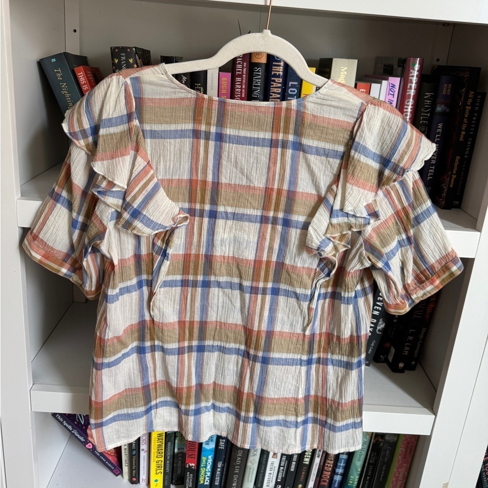 Madewell ivory plaid cotton lightweight ruffle puff sleeve blouse shirt top - Picture 6 of 6